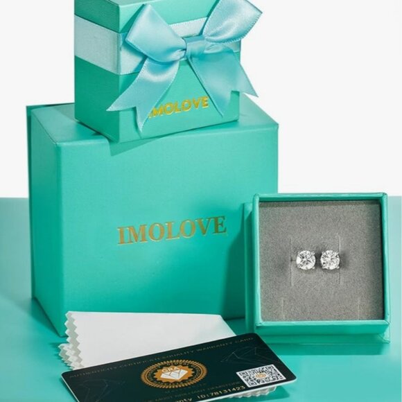 SS 18K White Gold Plated Moissanite Stud Diamond Earrings - Picture 2 of 4